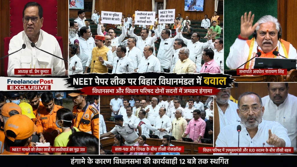 बिहार विधानसभा में NEET पेपर लीक मामले पर हंगामा करते विपक्षी विधायक, सदन में नारेबाजी और कार्यवाही स्थगित