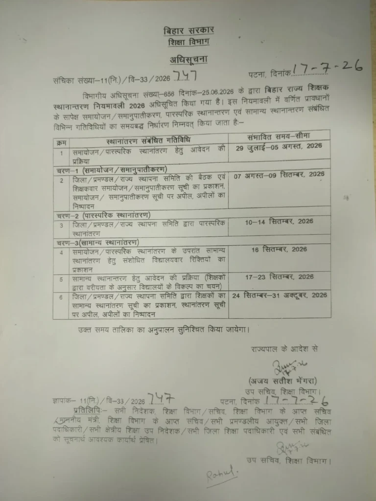 बिहार के शिक्षकों के लिए बड़ी राहत की खबर है। शिक्षा विभाग ने शिक्षक स्थानांतरण नियमावली 2026 के तहत ट्रांसफर की अधिसूचना जारी कर दी है। 29 जुलाई से ऑनलाइन आवेदन शुरू होंगे और पूरी प्रक्रिया तीन चरणों में 31 अक्टूबर तक पूरी की जाएगी।