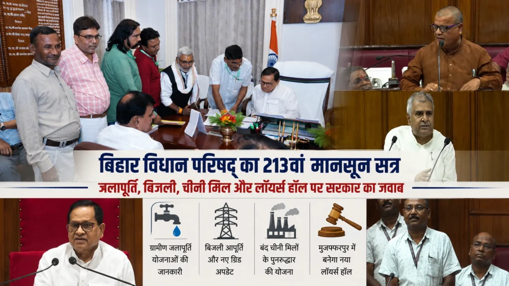 बिहार विधान परिषद् के 213वें मानसून सत्र के दौरान सदन की कार्यवाही, जिसमें जलापूर्ति, बिजली, चीनी मिलों के पुनरुद्धार और लॉयर्स हॉल निर्माण सहित कई अहम मुद्दों पर सरकार ने जवाब दिया।