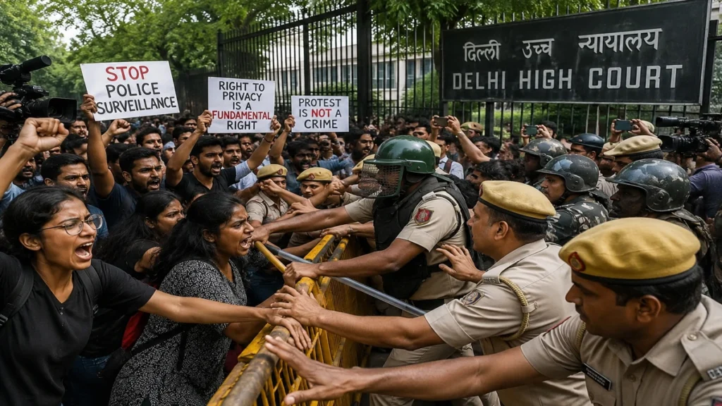 दिल्ली हाईकोर्ट में जंतर-मंतर प्रदर्शन की पुलिस निगरानी मामले की सुनवाई से जुड़ा सांकेतिक दृश्य।