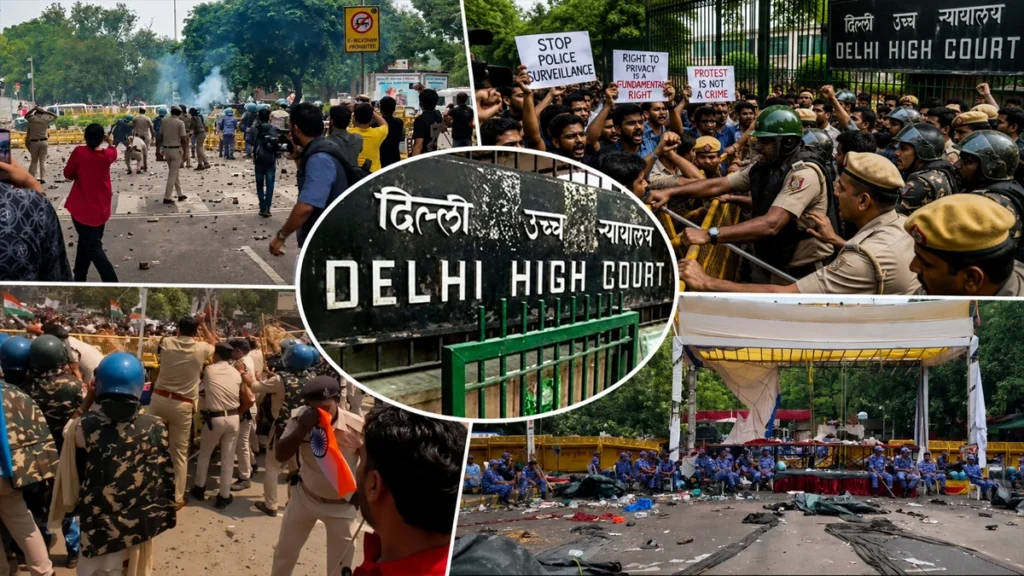 दिल्ली हाईकोर्ट में जंतर-मंतर प्रदर्शन की पुलिस निगरानी मामले की सुनवाई से जुड़ा सांकेतिक दृश्य।