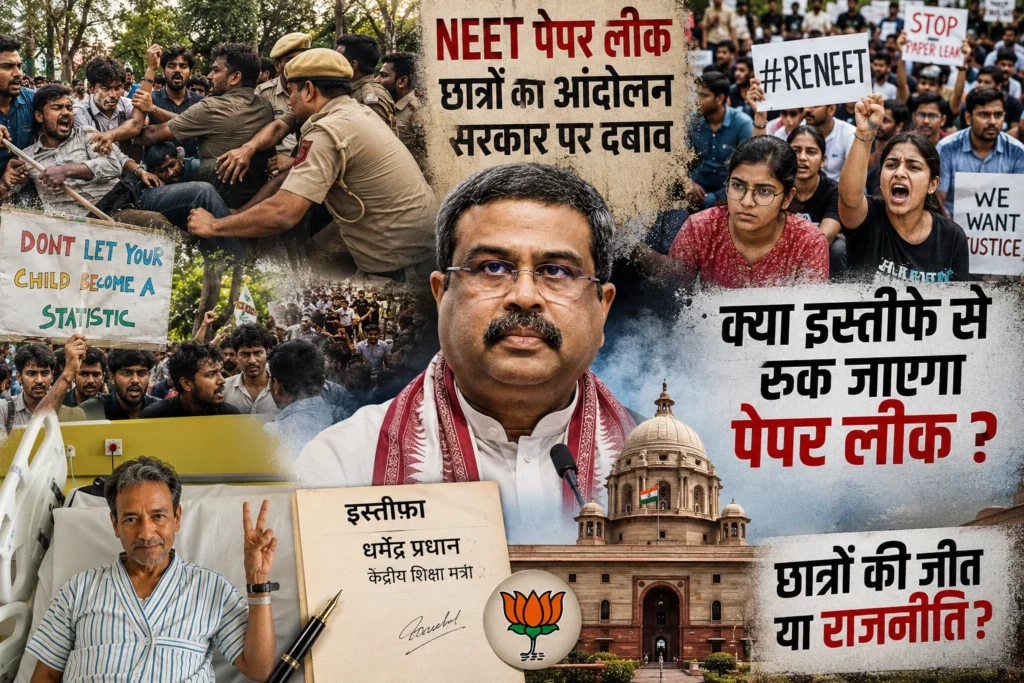 नीट पेपर लीक मामले में इस्तीफे के बाद केंद्रीय शिक्षा मंत्री धर्मेंद्र प्रधान, छात्र आंदोलन और राजनीतिक विश्लेषण से जुड़ा प्रतीकात्मक दृश्य।