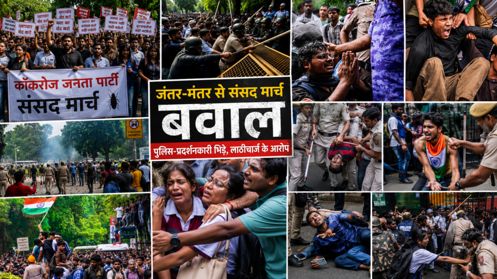 जंतर-मंतर से संसद मार्च के दौरान दिल्ली पुलिस और प्रदर्शनकारियों के बीच झड़प का दृश्य।