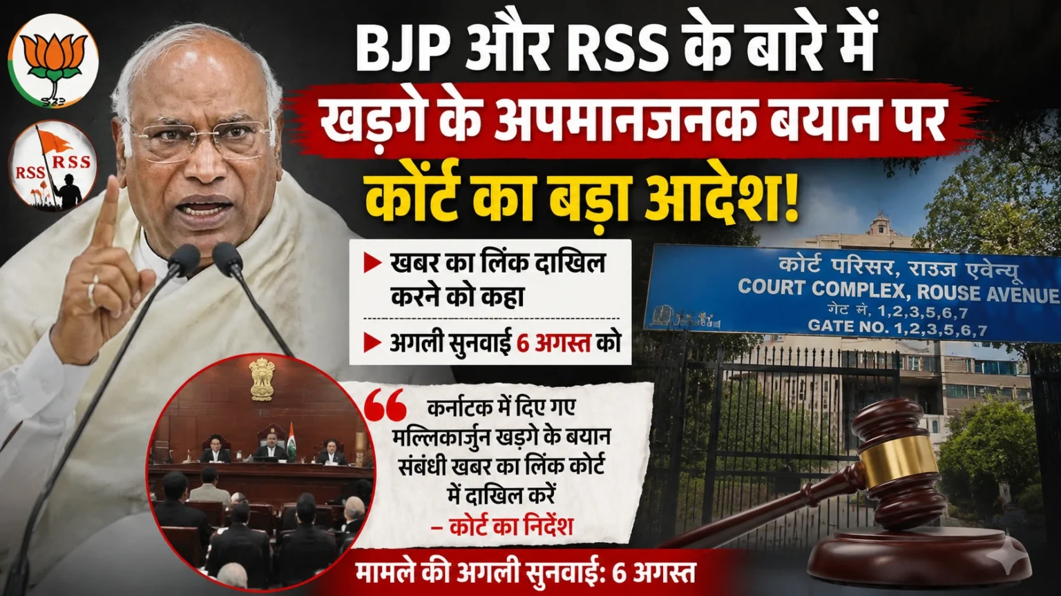दिल्ली की राऊज एवेन्यू कोर्ट में BJP और RSS पर कथित बयान मामले में कांग्रेस अध्यक्ष मल्लिकार्जुन खड़गे से जुड़ी सुनवाई को दर्शाता न्यूज़ ग्राफिक।