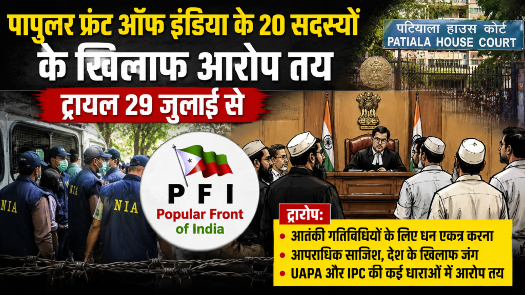 दिल्ली की पटियाला हाउस कोर्ट में प्रतिबंधित संगठन PFI और उसके 20 सदस्यों के खिलाफ UAPA और IPC के तहत आरोप तय होने से संबंधित न्यूज़ ग्राफिक।