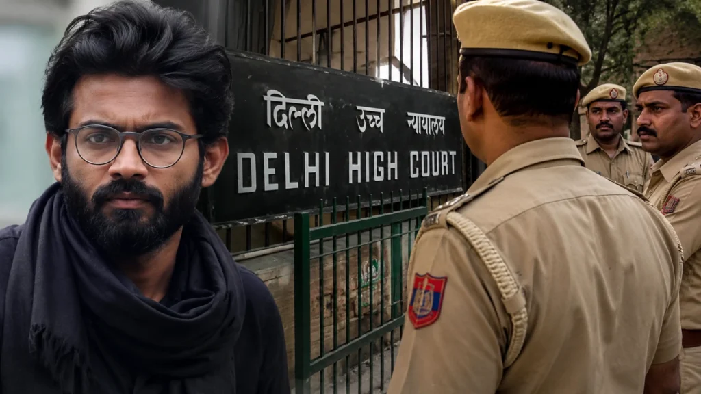 दिल्ली दंगा साजिश मामले में जमानत याचिका पर सुनवाई के दौरान शरजील इमाम और दिल्ली हाईकोर्ट का सांकेतिक दृश्य।