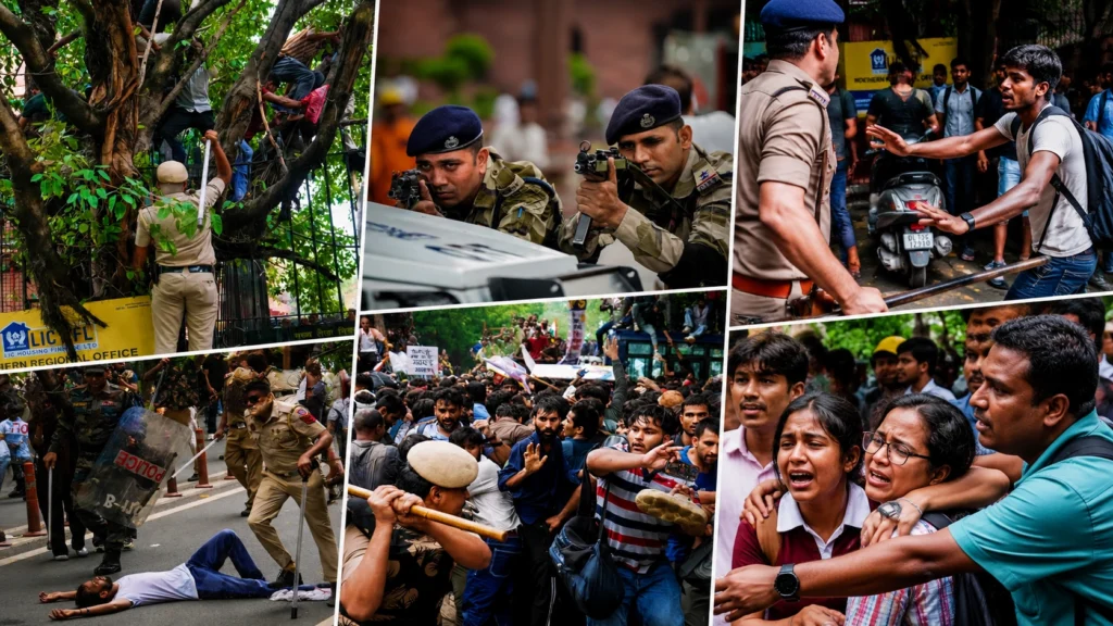 सांकेतिक तस्वीर में छात्र प्रदर्शन, राजनीतिक झंडे और संसद भवन, जो छात्र आंदोलन और सियासी हस्तक्षेप पर आधारित विश्लेषण को दर्शाती है।