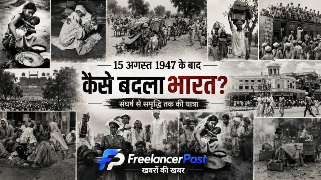 15 अगस्त 1947 के बाद भारत के बदलते सामाजिक और ऐतिहासिक दौर को दर्शाता यह फोटो कोलाज विभाजन, विस्थापन, शरणार्थियों की यात्राओं, भीड़भाड़ वाली ट्रेनों और उस दौर के जनजीवन की झलक प्रस्तुत करता है।