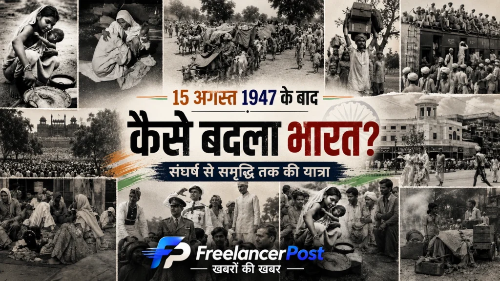 15 अगस्त 1947 के बाद भारत के बदलते सामाजिक और ऐतिहासिक दौर को दर्शाता यह फोटो कोलाज विभाजन, विस्थापन, शरणार्थियों की यात्राओं, भीड़भाड़ वाली ट्रेनों और उस दौर के जनजीवन की झलक प्रस्तुत करता है।