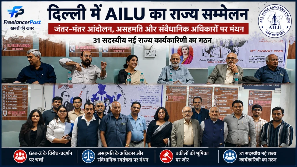 AILU के दिल्ली राज्य सम्मेलन में जंतर-मंतर आंदोलन, संवैधानिक अधिकार और वकीलों की भूमिका पर चर्चा हुई।