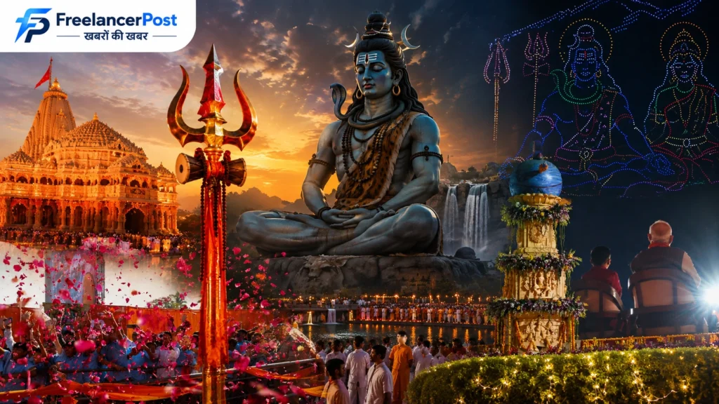 भगवान शिव का प्रतीकात्मक चित्र जो उनके भोलेनाथ, महाकाल और नीलकंठ स्वरूप को दर्शाता है