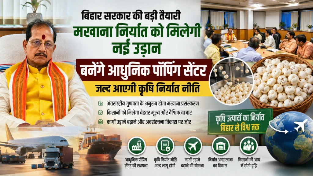 बिहार सरकार की बड़ी तैयारी: मखाना निर्यात के लिए बनेंगे आधुनिक पॉपिंग सेंटर, जल्द आएगी कृषि निर्यात नीति Bihar Agriculture Minister Vijay Kumar Sinha reviewing agricultural export plans and announcing modern makhana popping centres