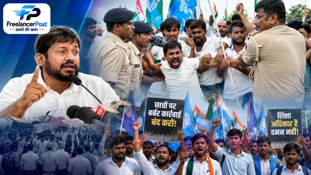 पटना में छात्र आंदोलन को लेकर आयोजित विरोध मार्च के दौरान पुलिस और प्रदर्शनकारियों के बीच धक्का-मुक्की तथा संवाददाता सम्मेलन में बोलते कन्हैया कुमार।