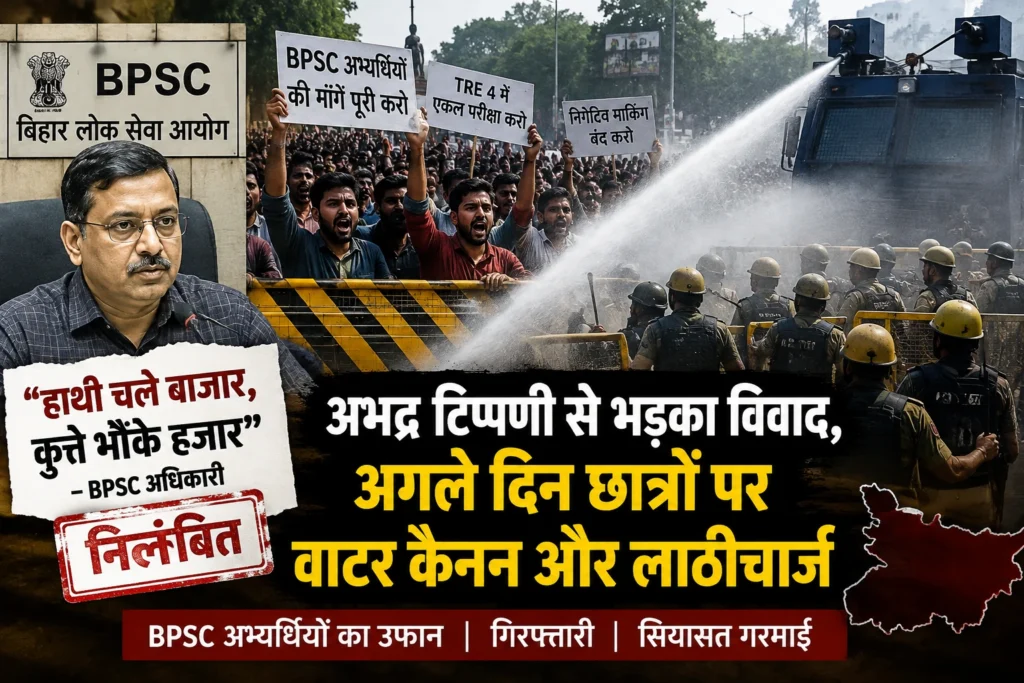 पटना में BPSC और TRE-4 अभ्यर्थियों के आंदोलन के दौरान पुलिस कार्रवाई, वाटर कैनन और घायल छात्रों से जुड़े घटनाक्रम को दर्शाती FreelancerPost की फीचर इमेज।