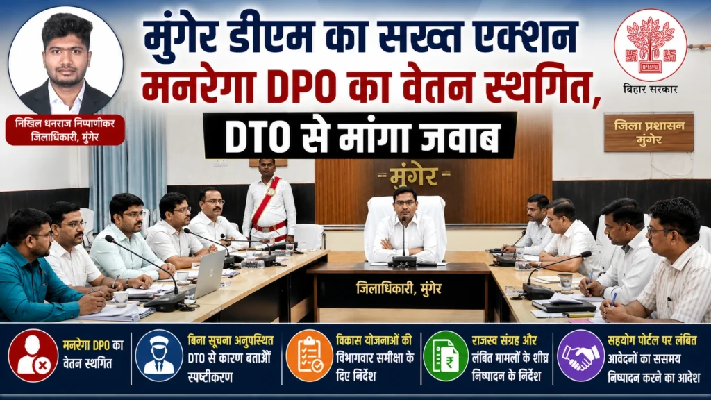 Munger DM Nikhil Dhanraj Nippanikar chairing district coordination and revenue review meeting, action taken against MGNREGA DPO and absent DTO
