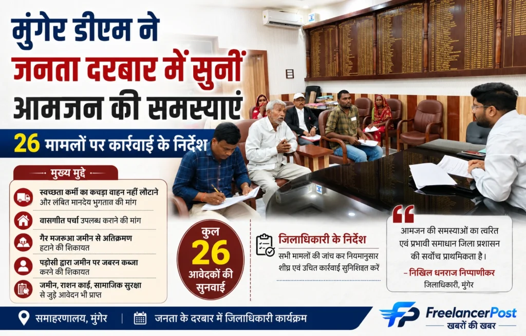 मुंगेर डीएम निखिल धनराज निप्पाणीकर जनता दरबार में आमजन की समस्याएं सुनते हुए