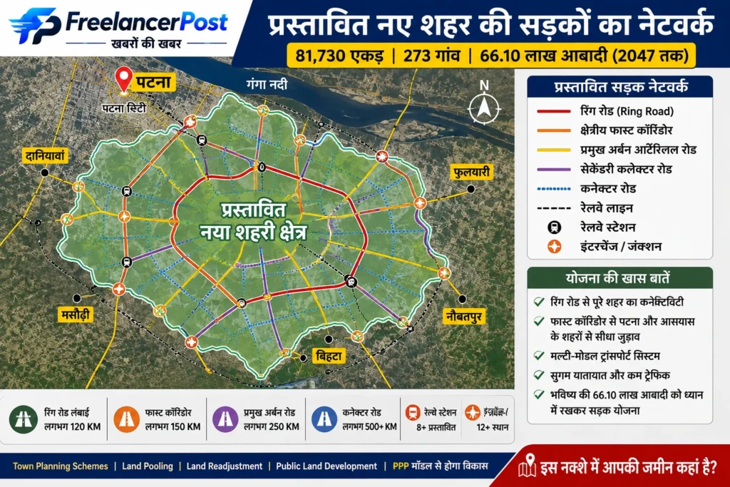 Patliputra Greenfield Satellite Township: पटना के पास 81,730 एकड़ में प्रस्तावित नए शहर में 273 गांव शामिल हैं। 2047 तक 66.10 लाख आबादी की योजना है।