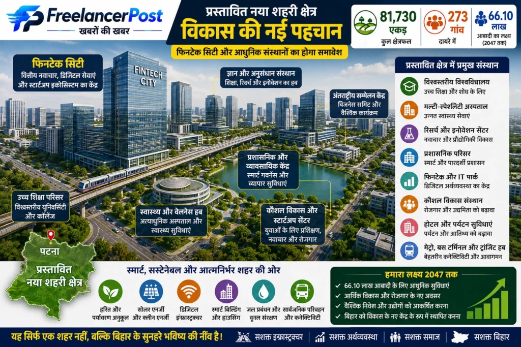 प्रस्तावित क्षेत्र में फिनटेक सिटी और संस्थागत विकास की संभावित तस्वीर।