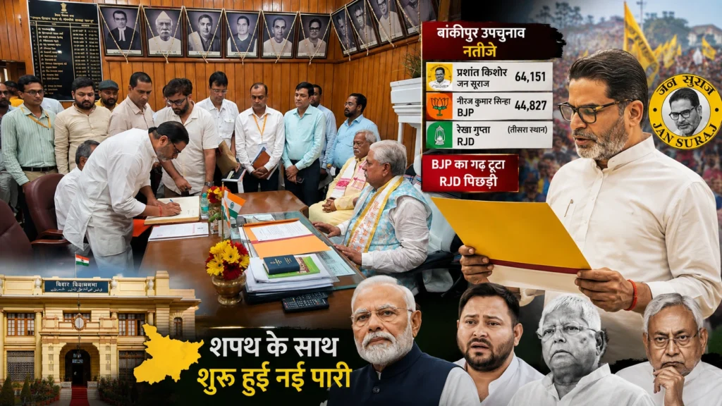 प्रशांत किशोर ने बांकीपुर उपचुनाव में जीत के बाद विधायक पद की शपथ ली। BJP की हार, RJD के तीसरे स्थान और तेजस्वी यादव के सामने नई राजनीतिक चुनौती पर विश्लेषण।