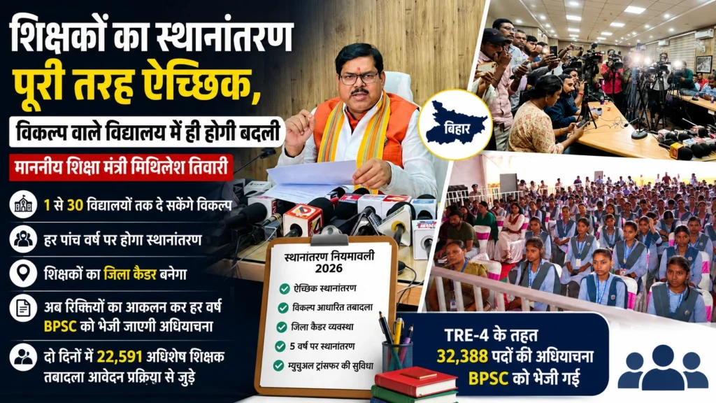 शिक्षा मंत्री मिथिलेश तिवारी शिक्षक स्थानांतरण नियमावली 2026 की जानकारी देते हुए