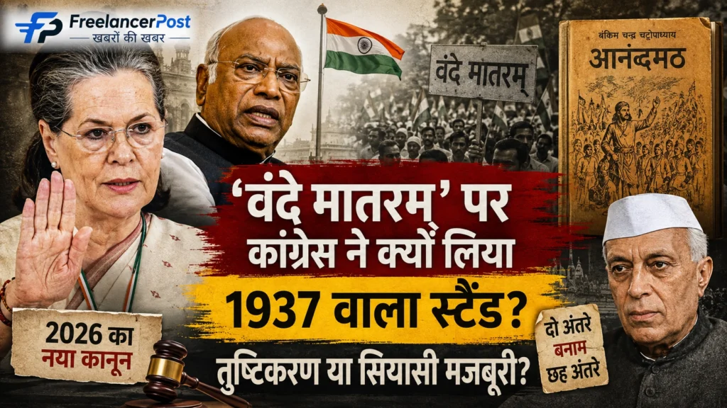 वंदे मातरम् को लेकर कांग्रेस और BJP के बीच जारी राजनीतिक विवाद, 1937 के कांग्रेस फैसले और 2026 के नए कानून पर आधारित रिपोर्ट।