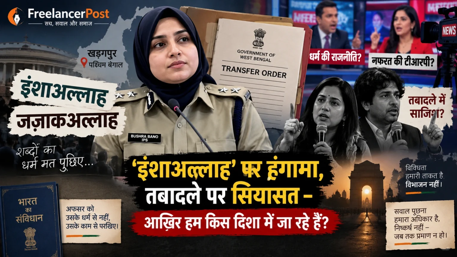 “इंशाअल्लाह” पर हंगामा, तबादले पर सियासत- आखिर हम किस दिशा में जा रहे हैं? IPS अधिकारी बुशरा बानो के तबादले और इंशाअल्लाह-जज़ाकल्लाह विवाद पर FreelancerPost की फीचर इमेजनो का तबादला