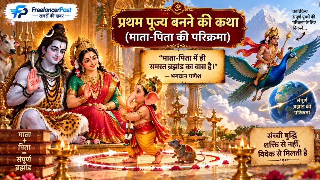 जो भी संपूर्ण ब्रह्मांड (पृथ्वी) की सबसे पहले परिक्रमा करके कैलाश पर्वत लौटेगा, उसे ही 'प्रथम पूज्य' घोषित किया जाएगा और उसकी पूजा हर शुभ कार्य से पहले अनिवार्य होगी।