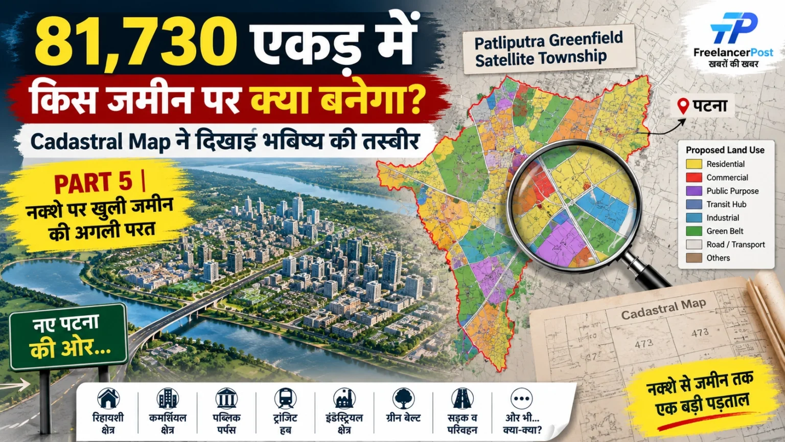 पाटलिपुत्र ग्रीनफील्ड सैटेलाइट टाउनशिप का कैडस्ट्रल मैप और प्रस्तावित लैंड यूज