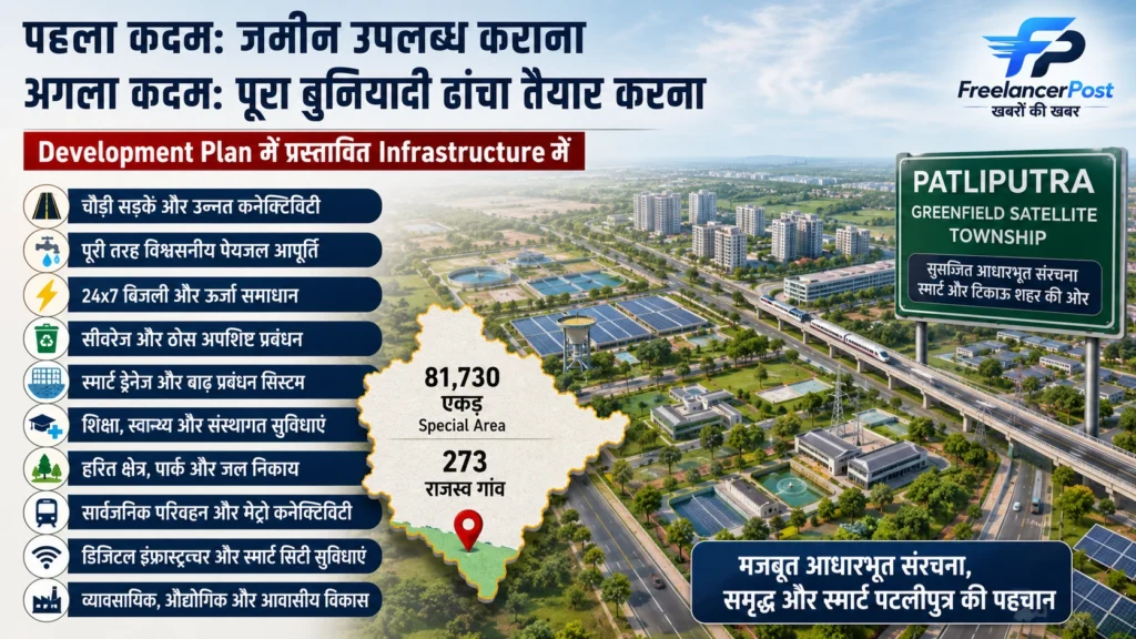 Patliputra Greenfield Satellite Township के लिए 81,730 एकड़ के Special Area में जमीन जुटाने के कई विकल्प बताए गए हैं।