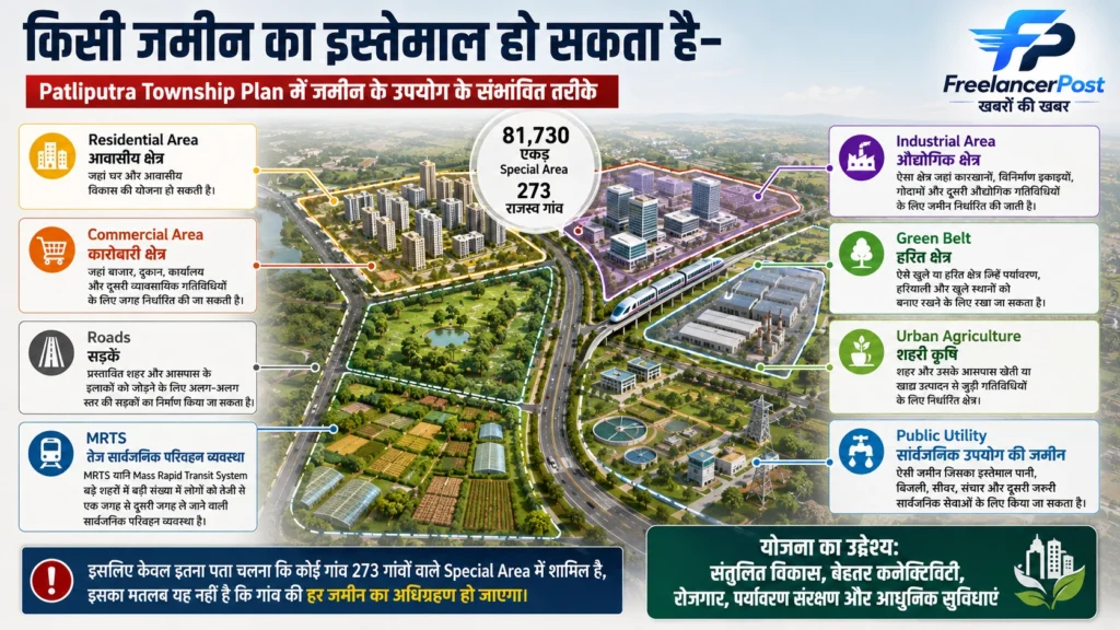 Patliputra Greenfield Satellite Township Development Plan में अलग-अलग जमीन के लिए अलग-अलग उपयोग की योजना है।