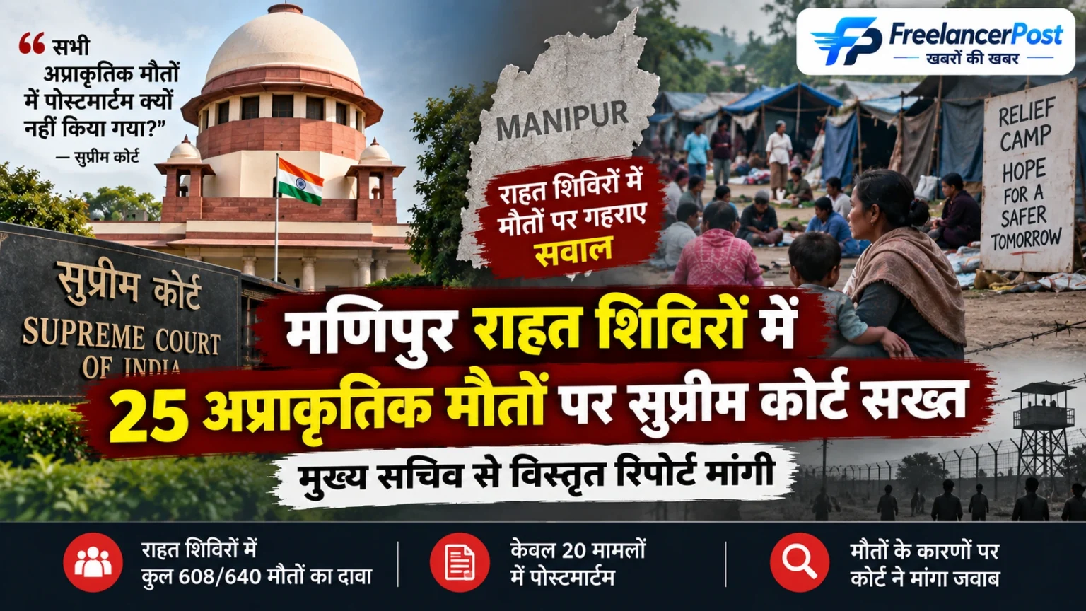 मणिपुर के राहत शिविरों में 25 अप्राकृतिक मौतें, सिर्फ 20 पोस्टमार्टम पर सुप्रीम कोर्ट ने मांगा जवाब मणिपुर राहत शिविरों में अप्राकृतिक मौतों पर सुप्रीम कोर्ट की सुनवाई