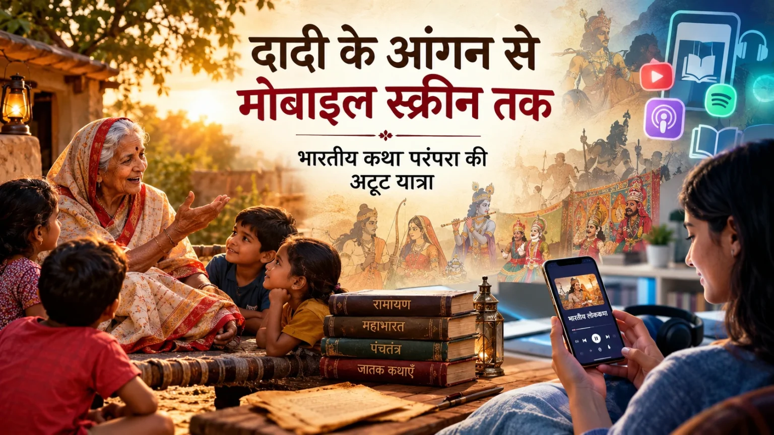 दादी बच्चों को कहानी सुनाते हुए और सामने मोबाइल स्क्रीन पर डिजिटल कहानी
